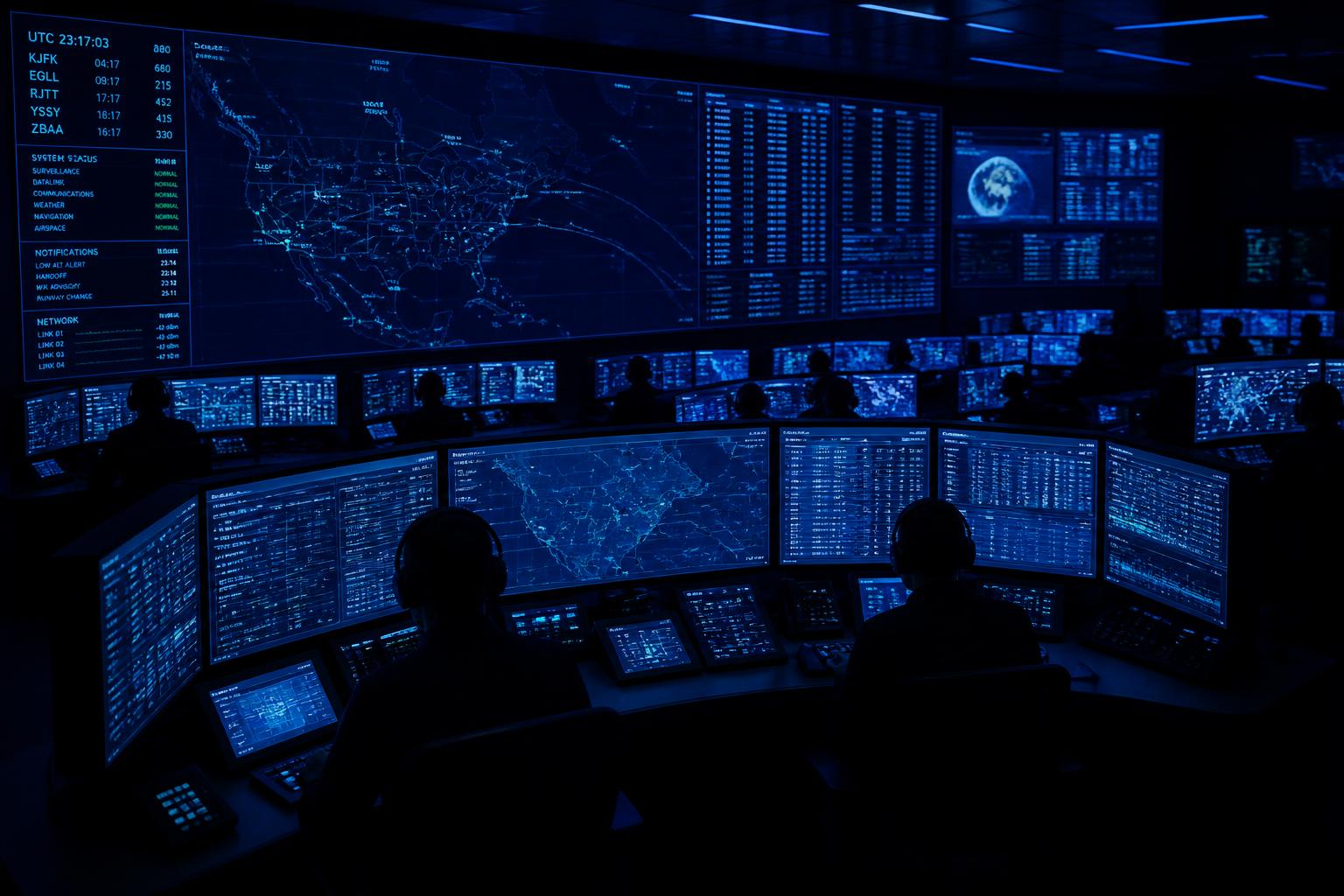 Aviation operations control room with route displays at night